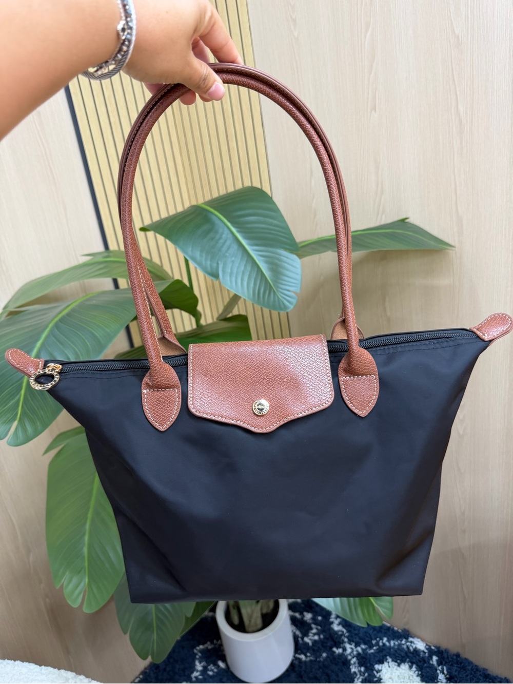 Black Nylon Tote Bag with Brown Trim - Classic Everyday Handbag